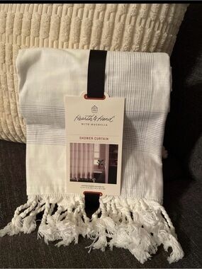 HEARTH HOME AND MAGNOLIA SOUR CREAM AN BLUE Tassel Shower Curtain